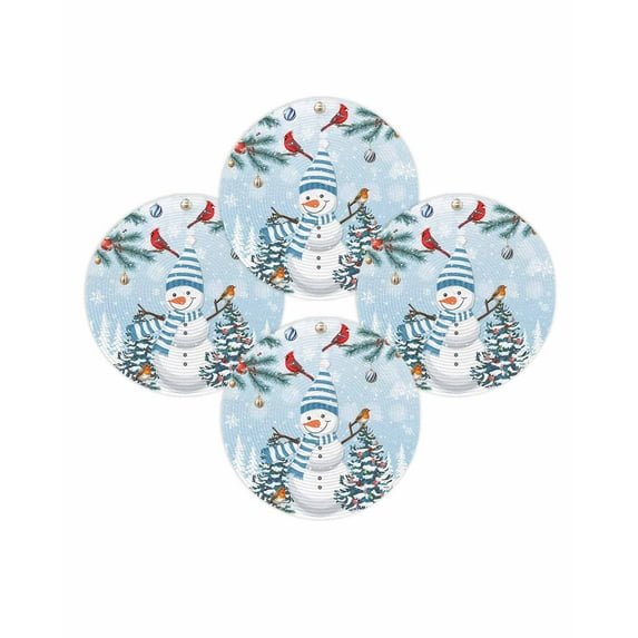Christmas Round Placemats Set of 4 Cardinal Bird Snowman Place Mats Washable Woven Placemat Berry Xmas Balls Snowflake Blue Circle Braided Table Mat for Kitchen Dining Table Party Home Decor 15 Inch