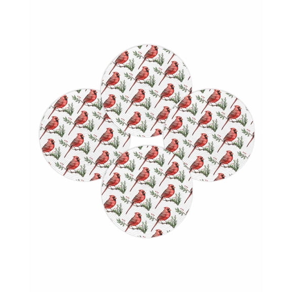 Christmas Round Placemats Set of 4 Cardinal Birds Place Mats Washable Woven Placemat Berry Pine Branch Circle Braided Table Mat for Kitchen Dining Table Party Home Decor 15 Inch