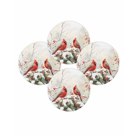 Christmas Round Placemats Set of 4 Cardinals Birds Place Mats Washable Woven Placemat Pine Tree Red Berry Circle Braided Table Mat for Kitchen Dining Table Party Home Decor 15 Inch