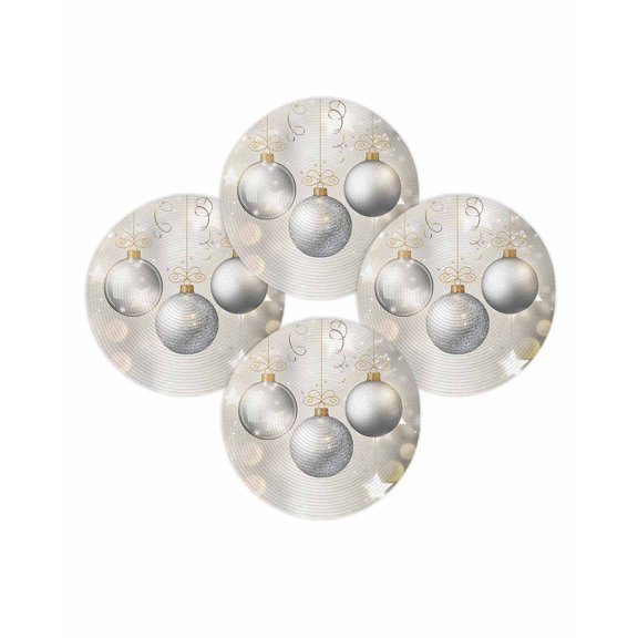 Christmas Round Placemats Set of 4 Christmas Balls Place Mats Washable Woven Placemat Shiny Winter Silver Grey Circle Braided Table Mat for Kitchen Dining Table Party Home Decor 15 Inch