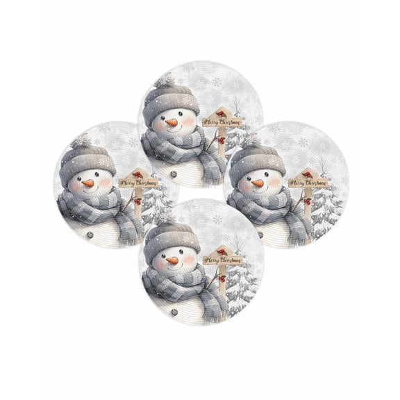 Christmas Round Placemats Set of 4 Christmas Snowman Place Mats Washable Woven Placemat Snowflake Snowy Scenery Circle Braided Table Mat for Kitchen Dining Table Party Home Decor 15 Inch