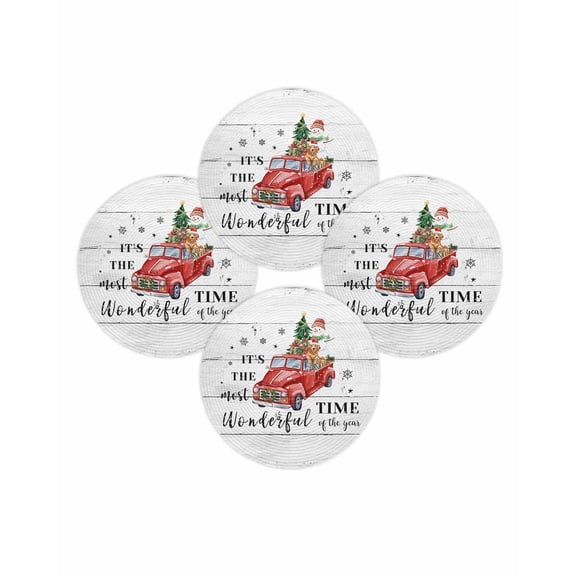 Christmas Round Placemats Set of 4 Dog Red Truck Place Mats Washable Woven Placemat Snowman Retro Wood Grain Circle Braided Table Mat for Kitchen Dining Table Party Home Decor 15 Inch