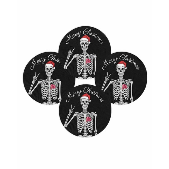 Christmas Round Placemats Set of 4 Funny Skull Place Mats Washable Woven Placemat Skeleton With Red Merry Christmas Hat Circle Braided Table Mat for Kitchen Dining Table Party Home Decor 15 Inch