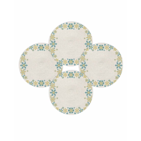 Christmas Round Placemats Set of 4 Golden Snowflake Place Mats Washable Woven Placemat Winter Snow Linen Circle Braided Table Mat for Kitchen Dining Table Party Home Decor 15 Inch