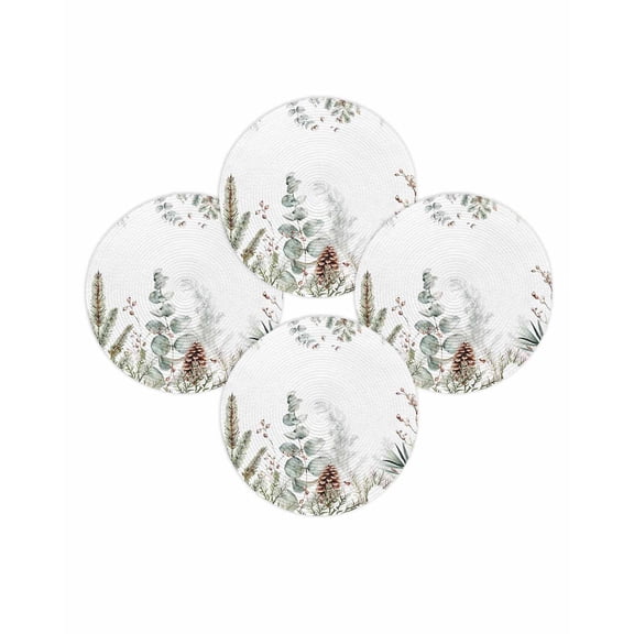 Christmas Round Placemats Set of 4 Green Pine Tree Branch Place Mats Washable Woven Placemat Pine Cones Plant Leaf Circle Braided Table Mat for Kitchen Dining Table Party Home Decor 15 Inch