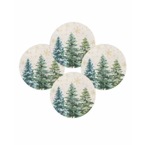 Christmas Round Placemats Set of 4 Green Pine Tree Snowflake Place Mats Washable Woven Placemat Winter Forest Linen Circle Braided Table Mat for Kitchen Dining Table Party Home Decor 15 Inch