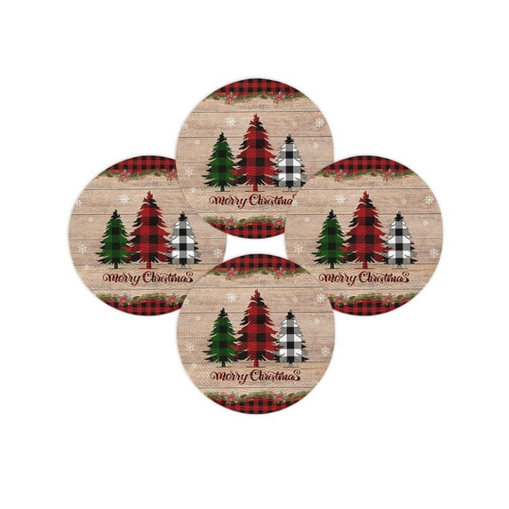 Christmas Round Placemats Set of 4 Holly Tree Pine Cones Place Mats Washable Woven Placemat Poinsettia Wood Grain Plaid Circle Braided Table Mat for Kitchen Dining Table Party Home Decor 15 Inch