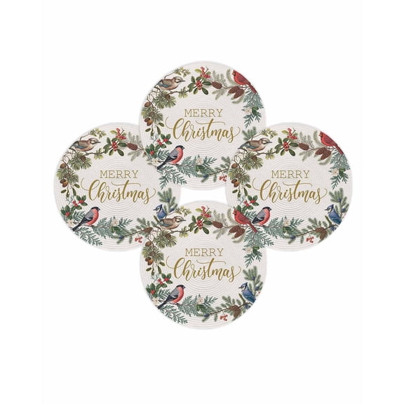 Christmas Round Placemats Set of 4 Merry Christmas Cardinal Bird Place Mats Washable Woven Placemat Holly Branches Pinecone Circle Braided Table Mat for Kitchen Dining Table Party Home Decor 15 Inch