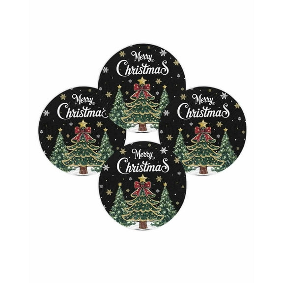 Christmas Round Placemats Set of 4 Merry Christmas Tree Place Mats Washable Woven Placemat Golden Snowflake Black Circle Braided Table Mat for Kitchen Dining Table Party Home Decor 15 Inch