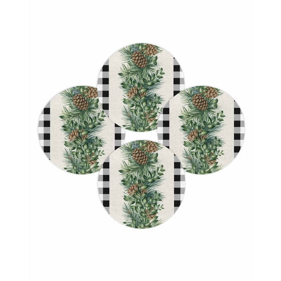 Christmas Round Placemats Set of 4 Pine Cone Place Mats Washable Woven Placemat Pine Needle Black Buffalo Plaid Circle Braided Table Mat for Kitchen Dining Table Party Home Decor 15 Inch