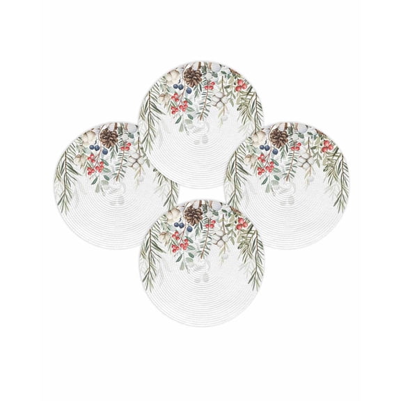 Christmas Round Placemats Set of 4 Pine Cones Berry Place Mats Washable Woven Placemat Cotton Leaves Branch Circle Braided Table Mat for Kitchen Dining Table Party Home Decor 15 Inch
