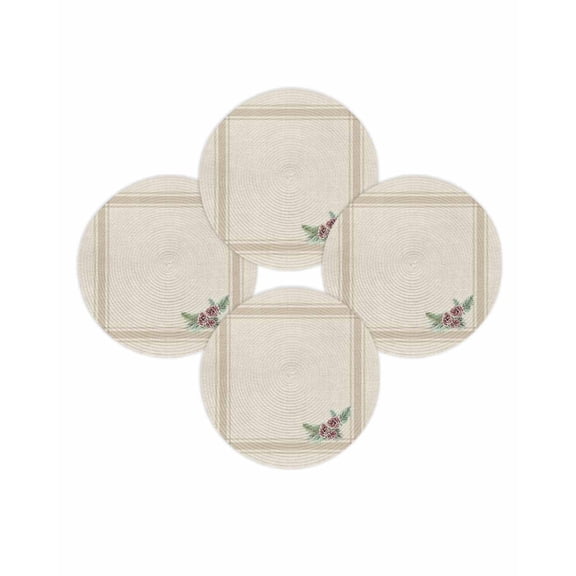 Christmas Round Placemats Set of 4 Pine Cones Branches Place Mats Washable Woven Placemat Brown Stripes Linen Circle Braided Table Mat for Kitchen Dining Table Party Home Decor 15 Inch