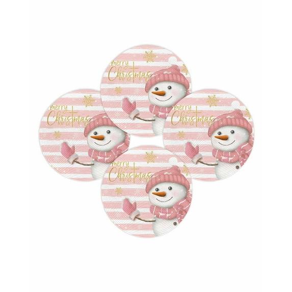 Christmas Round Placemats Set of 4 Pink Snowman Place Mats Washable Woven Placemat Golden Snowflake Stripes Circle Braided Table Mat for Kitchen Dining Table Party Home Decor 15 Inch