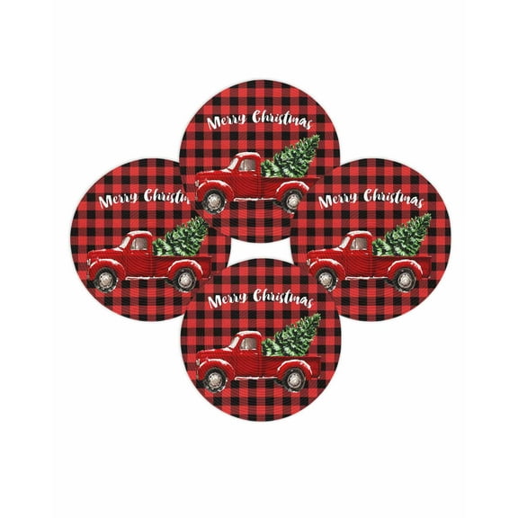 Christmas Round Placemats Set of 4 Red Truck Christmas Tree Place Mats Washable Woven Placemat Black Buffalo Plaid Circle Braided Table Mat for Kitchen Dining Table Party Home Decor 15 Inch