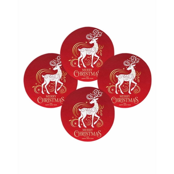 Christmas Round Placemats Set of 4 Reindeer Place Mats Washable Woven Placemat Golden Deer Elk Red Circle Braided Table Mat for Kitchen Dining Table Party Home Decor 15 Inch