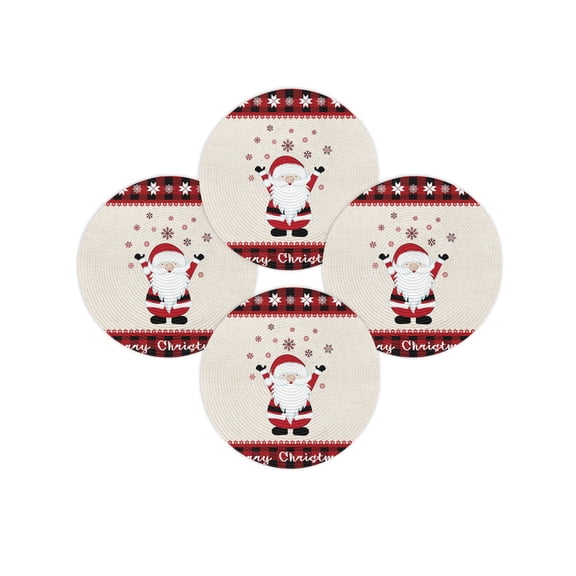 Christmas Round Placemats Set of 4 Santa Claus Snowflake Place Mats Washable Woven Placemat Red Buffalo Plaid Checkered Circle Braided Table Mat for Kitchen Dining Table Party Home Decor 15 Inch