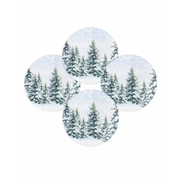 Christmas Round Placemats Set of 4 Snowflake Pine Tree Place Mats Washable Woven Placemat White Snowy Winter Forest Circle Braided Table Mat for Kitchen Dining Table Party Home Decor 15 Inch