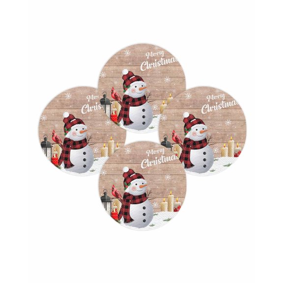Christmas Round Placemats Set of 4 Snowman Cardinal Bird Place Mats Washable Woven Placemat Candle Snowflake Wood Circle Braided Table Mat for Kitchen Dining Table Party Home Decor 15 Inch