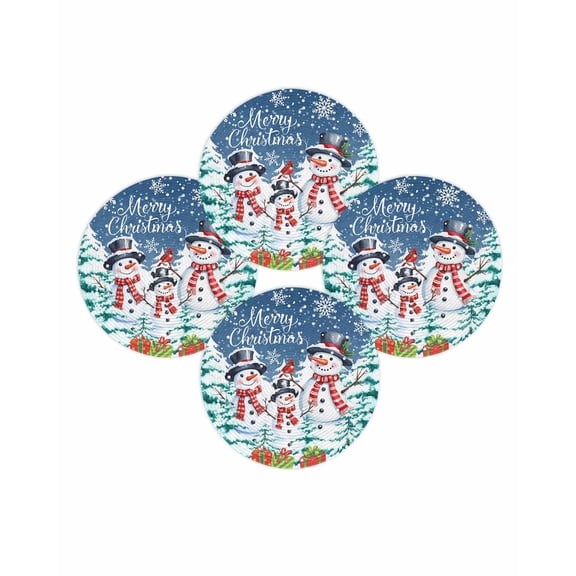 Christmas Round Placemats Set of 4 Snowman Cardinal Bird Place Mats Washable Woven Placemat Snowy Pine Tree Blue Circle Braided Table Mat for Kitchen Dining Table Party Home Decor 15 Inch