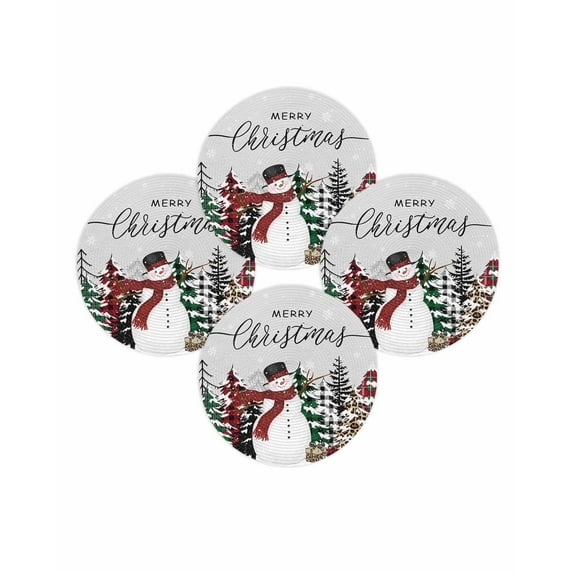 Christmas Round Placemats Set of 4 Snowman Place Mats Washable Woven Placemat Merry Christmas Tree Gray Circle Braided Table Mat for Kitchen Dining Table Party Home Decor 15 Inch