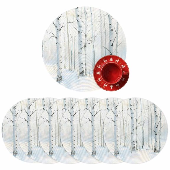 Christmas Round Placemats Set of 6 Winter Forest Place Mats Xmas Woven Placemat Birch Forest Tree Circle Braided Table Mat for Kitchen Dining Table Party Decor 15 Inch