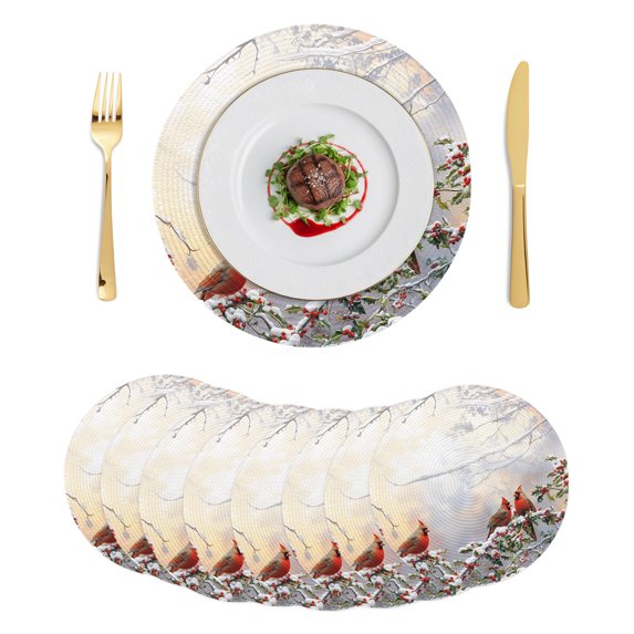 Christmas Round Placemats Set of 8, Braided Polypropylene Place Mats, Xmas Birds Berry Botanical Snowflake Washable Table Mats for Kitchen Dinner Holiday Wedding Party Coffee Table Decoration 15"