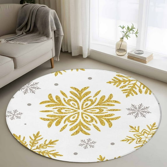 Christmas Round Rug 3ft Washable Circle Entryway Rugs Non Slip Winter Xmas Yellow Snowflakes Textured Area Rug Indoor Floor Carpet for Bedroom Kitchen Living Room Home Office Dining Room Nursery