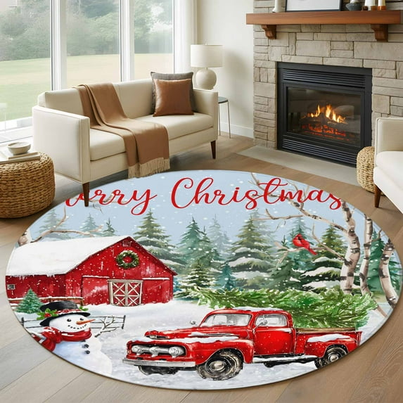 Christmas Round Rug 5ft Washable Circle Kitchen Rugs Non Slip Snowman Red Truck Cardinal Barn Pine Tree Large Area Rug Indoor Floor Carpet for Bedroom Living Room Home Office Dining Room Nursery
