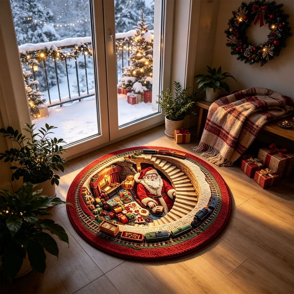 Christmas Round Rug with Santa Claus Optical Illusion Design, Non Slip Visual Effect Floor Mat for Entryway Living Room, Holiday Stair Scene Carpet, 23.62x23.62 inch