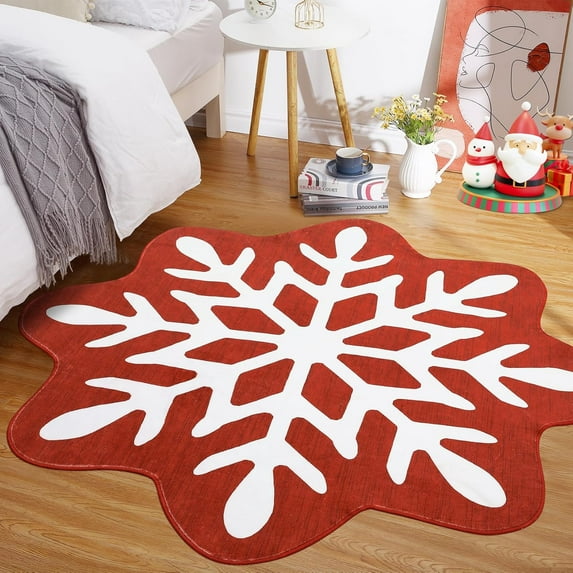 Christmas Round Rugs 3' x 3', Washable Rug for Living Room Snowflake Cilcle Kids Rug Non Slip Bedroom Rugs Low Pile Stain Resistant Carpet for Classroom Office Nursery, Red