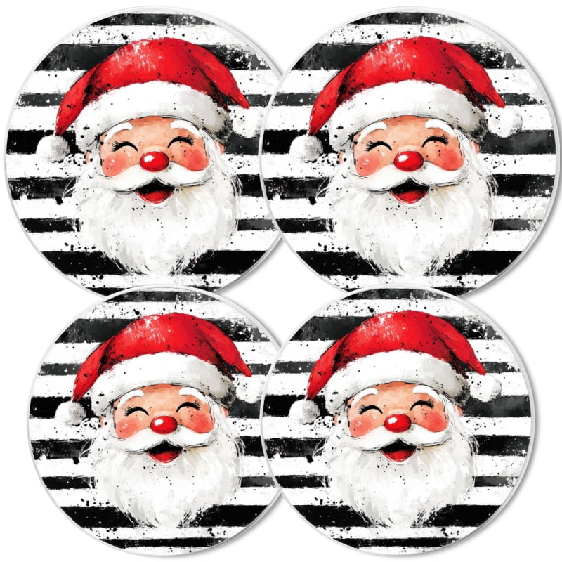 Christmas Round Stove Burner Covers Set of 4, Black and White Checkered Santa Claus Mental Durable Xmas Kitchen Decorative Gas Stove Burner Covers, 8 Inches and 10 Inches