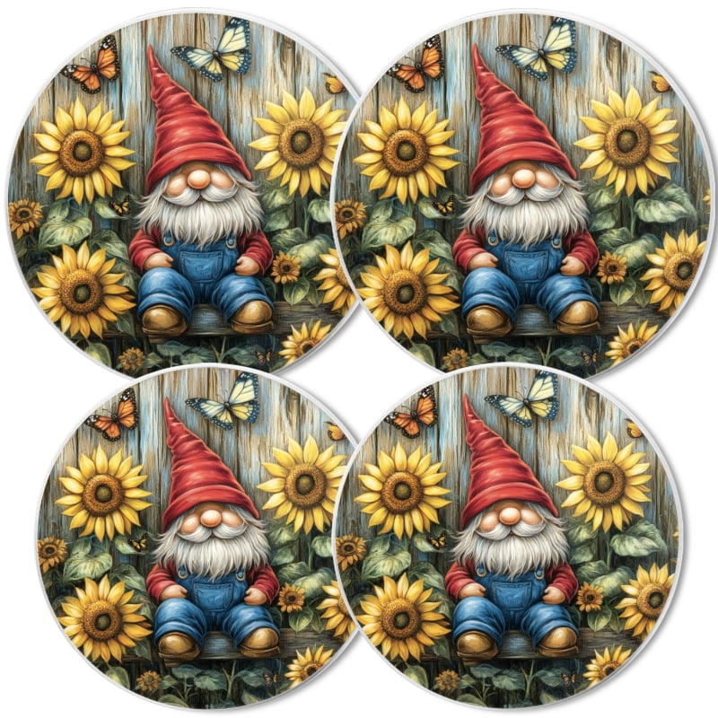 Christmas Round Stove Burner Covers Set of 4, Christmas Gnomes with Sunflowers Mental Durable Xmas Kitchen Decorative Gas Stove Burner Covers, 8 Inches and 10 Inches
