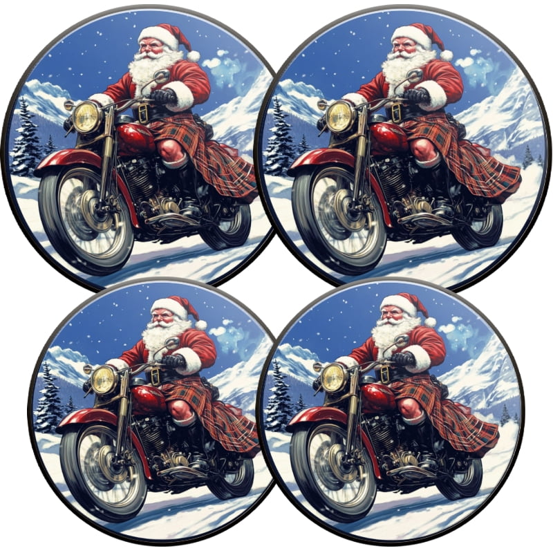 Christmas Round Stove Burner Covers Set of 4, Santa Claus with snowy Winter Motorcycle Mental Durable Xmas Kitchen Holiday Decorative Gas Stove Burner Covers, 8 Inches and 10 Inches