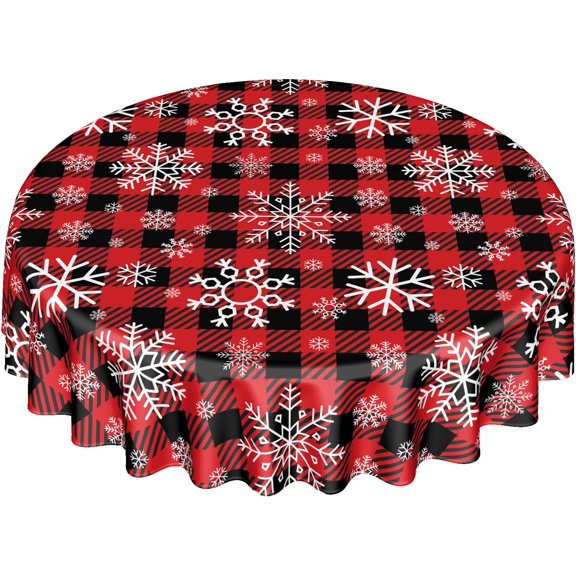 Christmas Round Table Cloth \u2013 Washable Buffalo Check Snowflake Holiday Tablecloth Decorative Table Cover for Banquet Party Kitchen Dining Room, 60 Inch