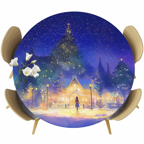 Christmas Round Tablecloth 36-44 Inch Round Fitted Table Cloth with Elastic Edge, Purple Blue Xmas Tree Snowflake Waterproof Table Cover Protector for Outdoor Picnic Party Dining