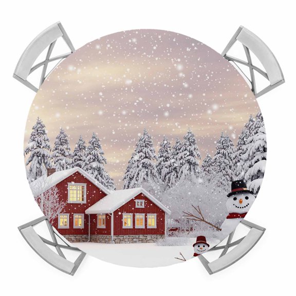 Christmas Round Tablecloth for 36-44 Inch Tables, Fitted Table Cover with Elastic Edge, Snowflake Snowman Xmas Tree Farmhouse Waterproof Outdoor Table Cloth Protector for Patio Garden Dinner Picnic