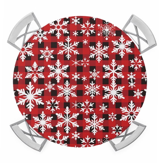 Christmas Round Tablecloth for 36-44 Inch Tables,Fitted Table Cover with Elastic Edge,Winter Snowflakes Red Black Buffalo Plaid Waterproof Outdoor Table Cloth Protector for Patio Garden Dinner Picnic