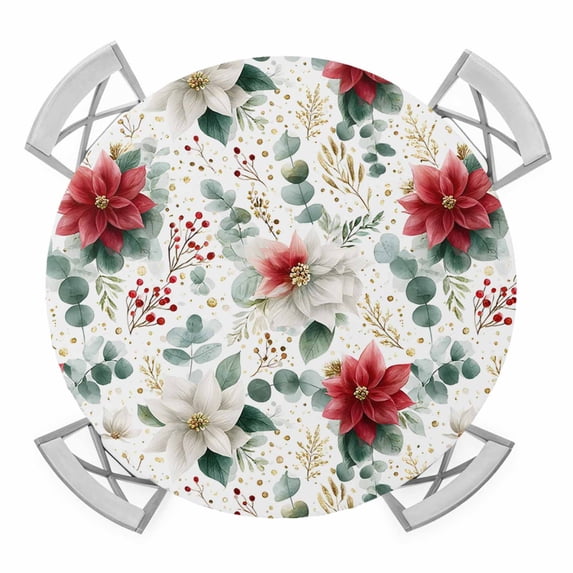 Christmas Round Tablecloth for 36-44 Inch Tables,Fitted Table Cover with Elastic Edge,Xmas Botanical Floral Farmhouse Watercolor Waterproof Outdoor Table Cloth Protector for Patio Garden Dinner