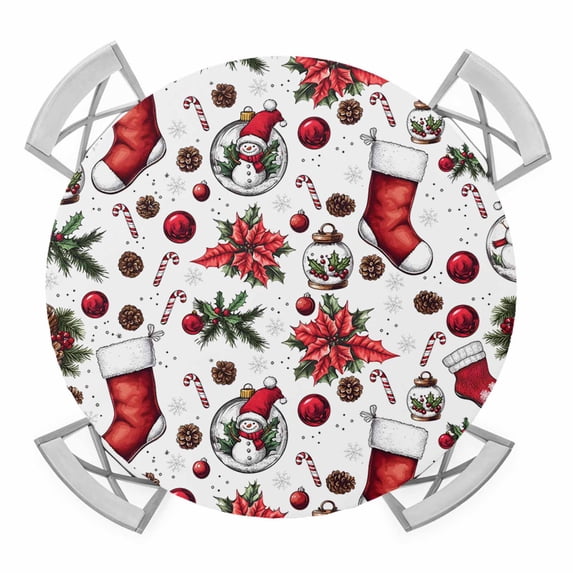 Christmas Round Tablecloth for 36-44 Inch Tables, Fitted Table Cover with Elastic Edge, Xmas Snowman Tree Snowflake Balls Waterproof Outdoor Table Cloth Protector for Patio Garden Dinner Picnic