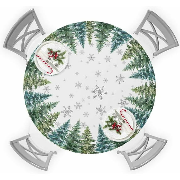 Christmas Round Tablecloth for 36"-44" Tables, Waterproof Outdoor Table Cloths 44 Inch Round Fitted Tablecloth with Elastic, Green Xmas Tree Winter Watercolor Snowflakes Pine Table Cloth Cover