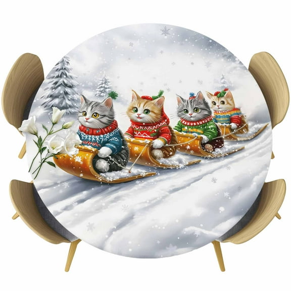 Christmas Round Tablecloth 45-54 Inch Round Fitted Table Cloth with Elastic Edge, Funny Cats Sleds Skiing Winter Forest Tree Waterproof Table Cover Protector for Outdoor Picnic Party Dining