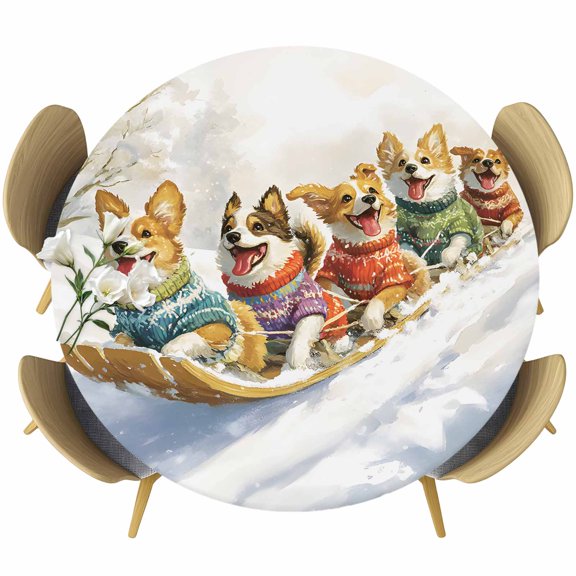 Christmas Round Tablecloth 45-54 Inch Round Fitted Table Cloth with Elastic Edge, Playing Sleds Skiing Dog Winter Xmas Holiday Waterproof Table Cover Protector for Outdoor Picnic Party Dining