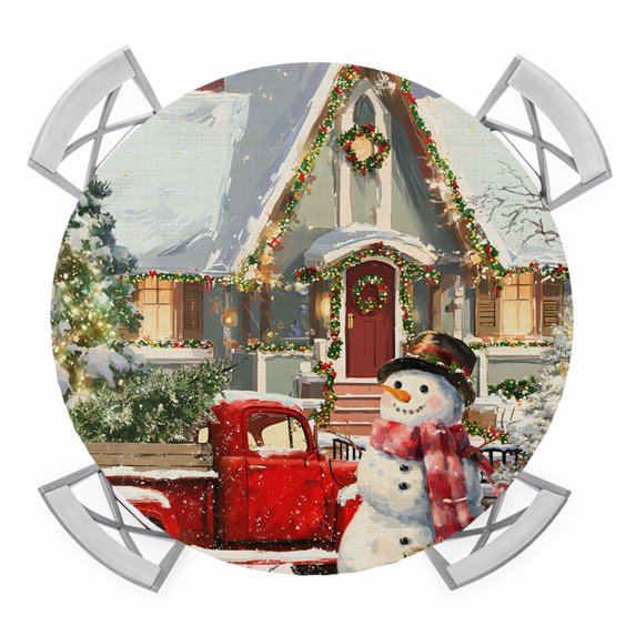 Christmas Round Tablecloth for 45-54 Inch Tables,Fitted Table Cover with Elastic Edge,Farmhouse Xmas Snowman Tree Truck Snowflake Waterproof Outdoor Table Cloth Protector for Patio Garden Dinner