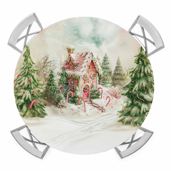 Christmas Round Tablecloth for 45-54 Inch Tables, Fitted Table Cover with Elastic Edge, Green Xmas Tree Farmhouse Winter Waterproof Outdoor Table Cloth Protector for Patio Garden Dinner Picnic