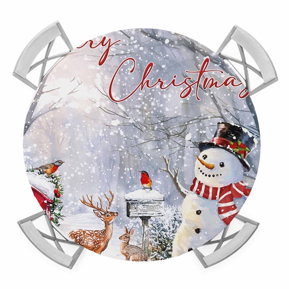 Christmas Round Tablecloth for 45-54 Inch Tables, Fitted Table Cover with Elastic Edge, Snowman Xmas Tree Snowflake White Waterproof Outdoor Table Cloth Protector for Patio Garden Dinner Picnic
