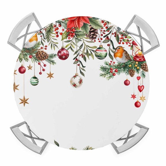 Christmas Round Tablecloth for 45-54 Inch Tables,Fitted Table Cover with Elastic Edge,Xams Tree Winter Red Poinsettia Pine Cones Waterproof Outdoor Table Cloth Protector for Patio Garden Dinner