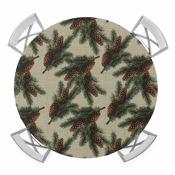 Christmas Round Tablecloth for 45-54 Inch Tables, Fitted Table Cover with Elastic Edge, Xmas Pine Cones Botanical Rustic Waterproof Outdoor Table Cloth Protector for Patio Garden Dinner Picnic
