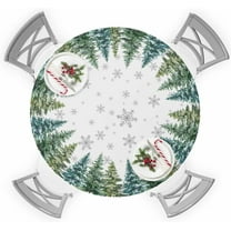 Christmas Round Tablecloth for 45"-54" Tables, Waterproof Outdoor Table Cloths 54 Inch Round Fitted Tablecloth with Elastic, Green Xmas Tree Winter Watercolor Snowflakes Pine Table Cloth Cover