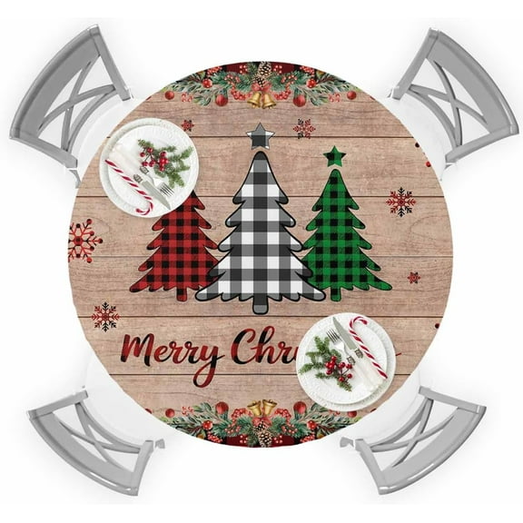 Christmas Round Tablecloth for 45"-54" Tables, Waterproof Outdoor Table Cloths 54 Inch Round Fitted Tablecloth with Elastic, Xmas Tree Buffalo Plaid Winter Snowflakes Wood Grain Table Cloth Cover