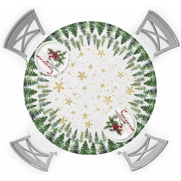 Christmas Round Tablecloth for 45"-54" Tables, Waterproof Outdoor Table Cloths 54 Inch Round Fitted Tablecloth with Elastic, Xmas Tree Forest Winter Gold Snowflakes Table Cloth Cover for Picnic Party